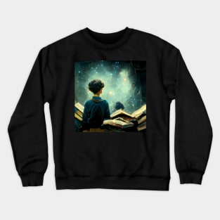 Young boy standing in a pile of books while staring at the universe Crewneck Sweatshirt